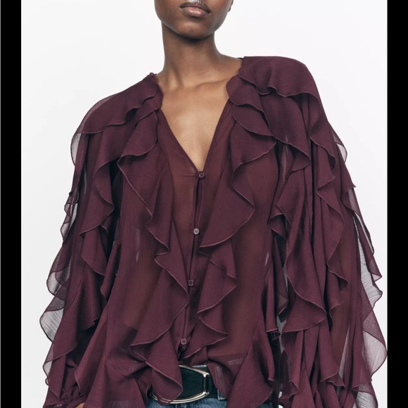 Zara Deep Burgundy Ruffle Blouse - Picture 1 of 1
